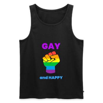 Maßgeschneiderte T-Shirt GAY und Glücklich - Männer Premium Bio Tank Top - Schwarz - Vorne - AI Model Male 178 light (178cm)