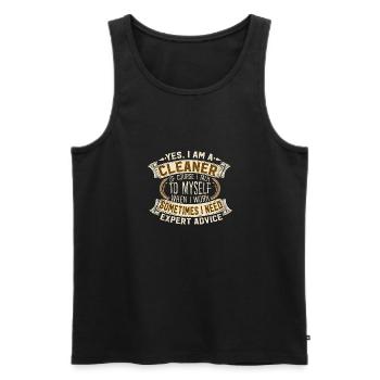 Oui, je suis une femme de ménage, je me parle à moi-même Conseils d’experts - Débardeur bio Premium Homme - noir - Devant - AI Model Male 178 light (178cm)