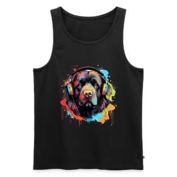 Chien Terre-Neuve avec des écouteurs éclaboussures de peinture - Débardeur bio Premium Homme - noir - Devant - AI Model Male 178 light (178cm)