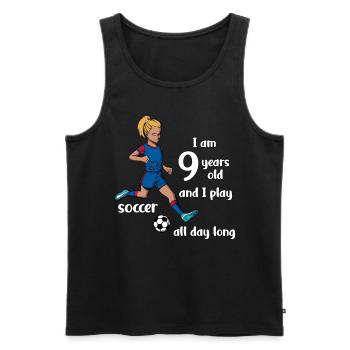 Une fille tire au football - J’ai 9 ans - Débardeur bio Premium Homme - noir - Devant - Michal (187cm)