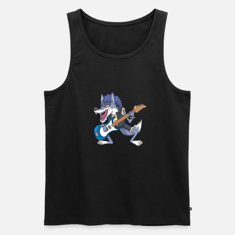 Cartoon Wolf rockt E-Gitarre - Männer Premium Bio Tank Top - Schwarz