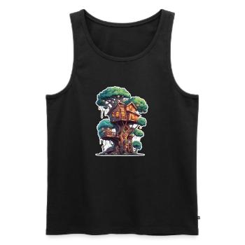 Cabane dans les arbres / Cime des arbres / Cabane dans les arbres / Aventure - Débardeur bio Premium Homme - noir - Devant - AI Model Male 178 light (178cm)