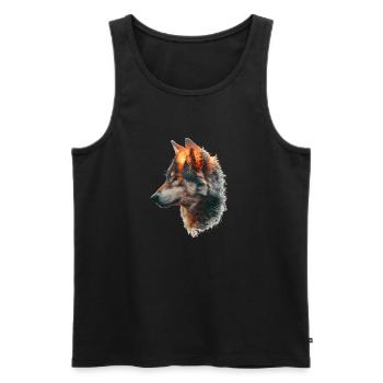 Wolf silhouette with a dazzling forest sunset. - Men's Premium Organic Tank Top - black - Front - AI Model Male 178 light (178cm)