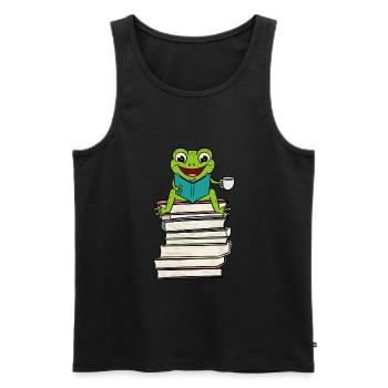Grenouille assise sur un livre en train de lire et - Débardeur bio Premium Homme - noir - Devant - Michal (187cm)