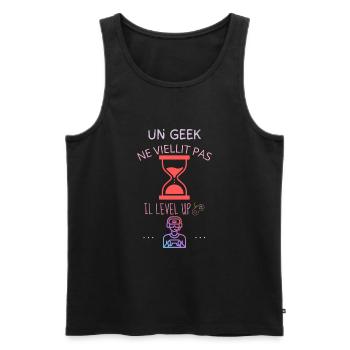 un geek ne vieillit pas mais il level up - Débardeur bio Premium Homme - noir - Devant - Michal (187cm)