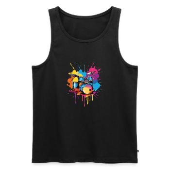 Schlagzeug auf bunten Farbklecksen - Männer Premium Bio Tank Top - Schwarz - Vorne - AI Model Male 178 light (178cm)
