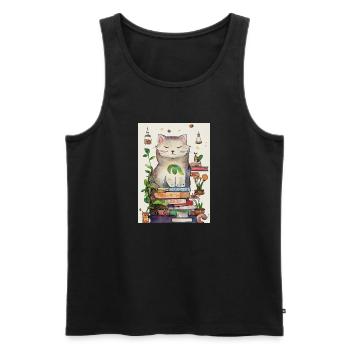 Un chat câlin sur une pile de livres - Débardeur bio Premium Homme - noir - Devant - AI Model Male 178 light (178cm)