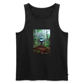 Petit robot bleu dans la forêt - Débardeur bio Premium Homme - noir - Devant - AI Model Male 178 light (178cm)