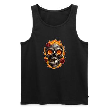 Crâne avec du feu et des roses rouges Crâne ardent - Débardeur bio Premium Homme - noir - Devant - AI Model Male 178 light (178cm)