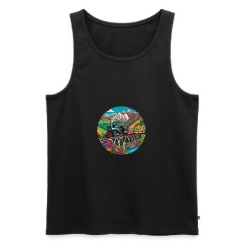 Train de chemin de fer nostalgique coloré avec locomotive à vapeur - Débardeur bio Premium Homme - noir - Devant - Michal (187cm)