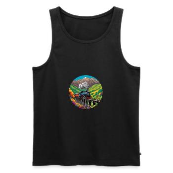 Train de chemin de fer nostalgique coloré avec locomotive à vapeur - Débardeur bio Premium Homme - noir - Devant - Michal (187cm)