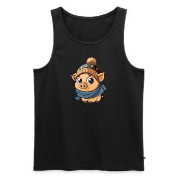 Niedliches Schweinchen mit Schal und Pudelmütze. - Männer Premium Bio Tank Top - Schwarz - Vorne - AI Model Male 178 light (178cm)