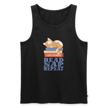 schlafende Katze und Bücher - Männer Premium Bio Tank Top - Schwarz - Vorne - AI Model Male 178 light (178cm)