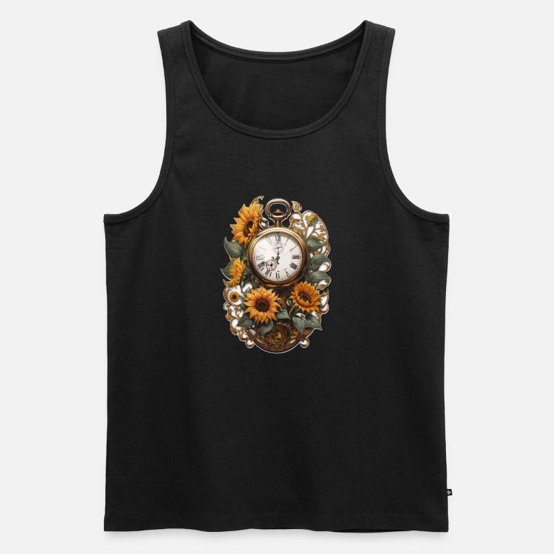 Uhr mit Sonnenblumen - Männer Premium Bio Tank Top - Schwarz