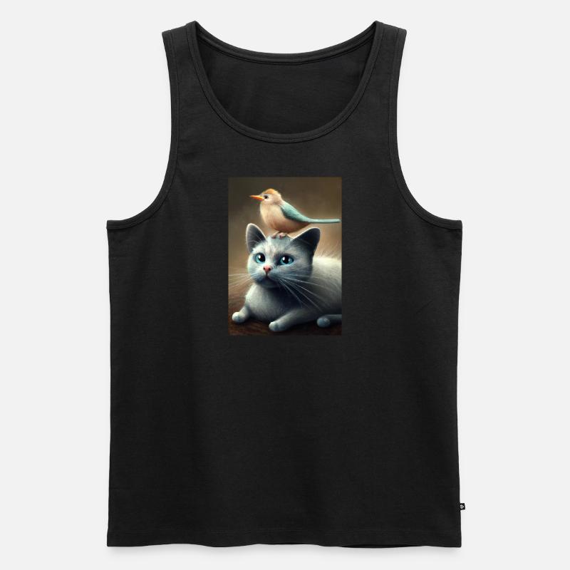 Vogel sitzt auf Katze - Männer Premium Bio Tank Top - Schwarz