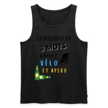 Bonheur en 3 mots famille vélo apéro cadeau - Débardeur bio Premium Homme - noir - Devant - Michal (187cm)