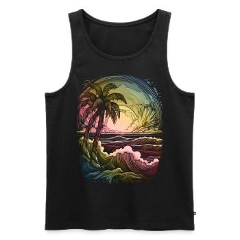 Soleil, Coucher de soleil, Mer, Palmiers, Vacances, Été - Débardeur bio Premium Homme - noir - Devant - AI Model Male 178 light (178cm)