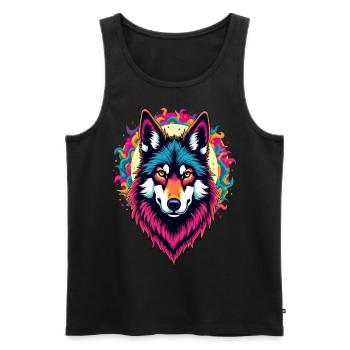 Neon Wolfskopf mit Sonne – Bunte psychedelische Kunst - Männer Premium Bio Tank Top - Schwarz - Vorne - AI Model Male 178 light (178cm)