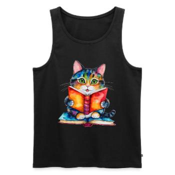 Katze Lesen Buch Bunt Lustig Tier Design Print - Männer Premium Bio Tank Top - Schwarz - Vorne - Michal (187cm)