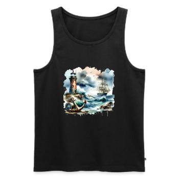 Motif nautique rétro ancre phare navire - Débardeur bio Premium Homme - noir - Devant - AI Model Male 178 light (178cm)