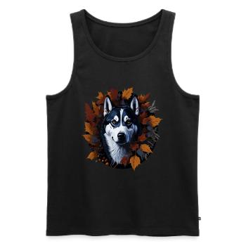 Chien husky sibérien dans les feuilles d’automne - Débardeur bio Premium Homme - noir - Devant - Michal (187cm)