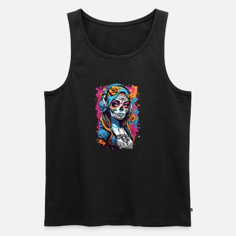 Totenkopfmädchen mit Kopfhörern - Männer Premium Bio Tank Top - Schwarz