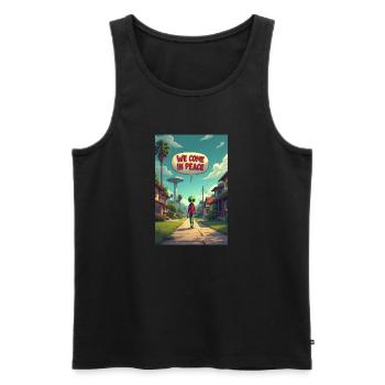 Ein netter, kleiner Alien entsteigt seinem UFO - Männer Premium Bio Tank Top - Schwarz - Vorne - Michal (187cm)