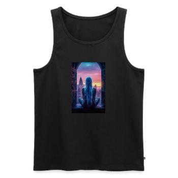 Fantasy City Vue sur le coucher de soleil - Débardeur bio Premium Homme - noir - Devant - AI Model Male 178 light (178cm)