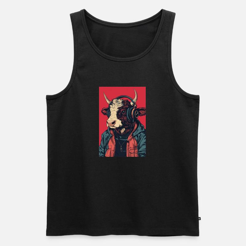 Hipster Kuh mit Kopfhörern - Männer Premium Bio Tank Top - Schwarz