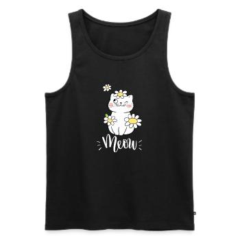 Chat mignon kawaii drôle avec des tournesols disant miaulement - Débardeur bio Premium Homme - noir - Devant - Michal (187cm)
