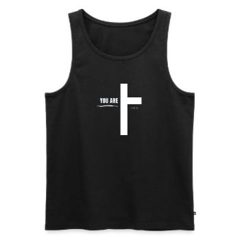 Christian Clothing | LOVED - Faith - Men's Premium Organic Tank Top - black - Front - AI Model Male 178 light (178cm)