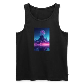 Retro Bergmelodie: Eine Synthwave Ode an der See - Männer Premium Bio Tank Top - Schwarz - Vorne - Michal (187cm)