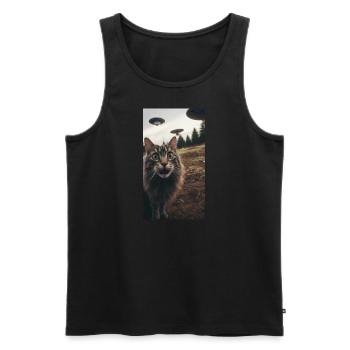 Funny Cat Selfie Scared with Ufos in Background - Men's Premium Organic Tank Top - black - Front - Michal (187cm)
