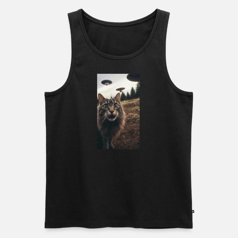 Funny Cat Selfie Scared with Ufos in Background - Männer Premium Bio Tank Top - Schwarz