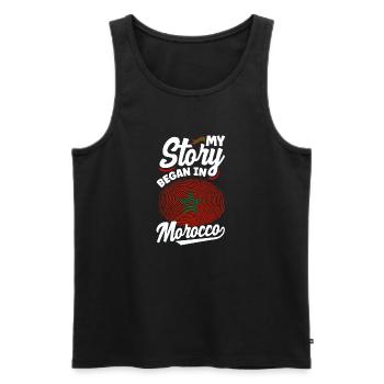 Maroc Maroc Maroc Drapeau Mon histoire a commencé en - Débardeur bio Premium Homme - noir - Devant - AI Model Male 178 light (178cm)