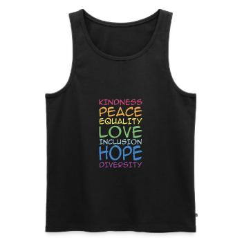 KINDNESS, PEACE, EQUALITY, INCLUSION, , DIVERSITY, - Männer Premium Bio Tank Top - Schwarz - Vorne - AI Model Male 178 light (178cm)