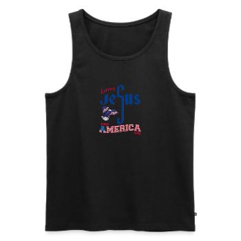 Aime Jésus et l’Amérique aussi, drapeau des États-Unis et 4ème - Débardeur bio Premium Homme - noir - Devant - Michal (187cm)