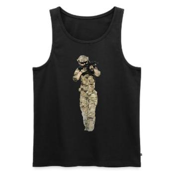 Soldat Type Polygon, Combattant en costume de camouflage avec arme - Débardeur bio Premium Homme - noir - Devant - AI Model Male 178 light (178cm)