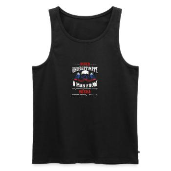never underestimate man RUSSIA - Men's Premium Organic Tank Top - black - Front - AI Model Male 178 light (178cm)