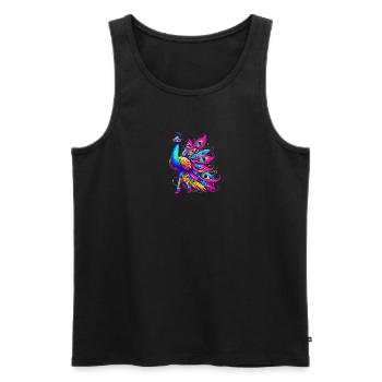 Vibrant illustration of a stylized peacock - Men's Premium Organic Tank Top - black - Front - AI Model Male 178 light (178cm)