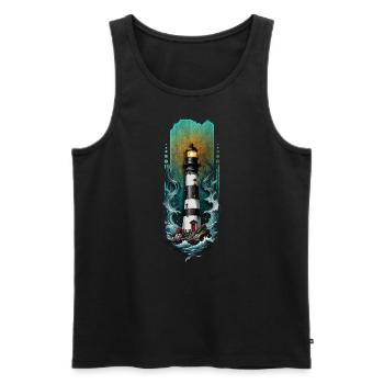 Guiding Light : Phare au milieu des vagues de la mer - Débardeur bio Premium Homme - noir - Devant - AI Model Male 178 light (178cm)