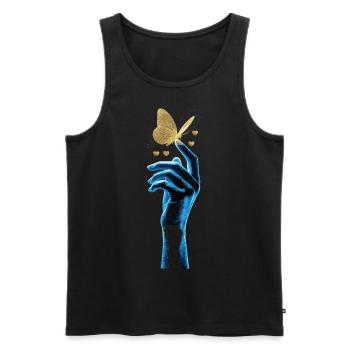 Golden butterfly on glowing hand - Men's Premium Organic Tank Top - black - Front - Michal (187cm)