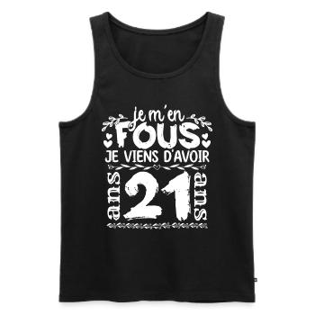 Anniversaire 21 ans | Je m'en fous j'ai 21 ans - Débardeur bio Premium Homme - noir - Devant - AI Model Male 178 light (178cm)