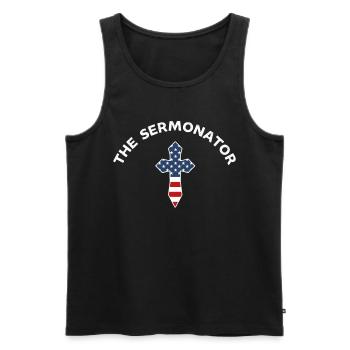 The Sermonator , Funny Preacher Gifts, Pastor, - Men's Premium Organic Tank Top - black - Front - AI Model Male 178 light (178cm)
