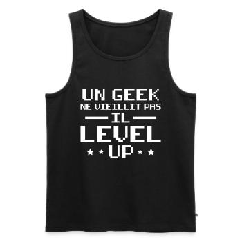 Un geek ne vieillit pas il level up - Débardeur bio Premium Homme - noir - Devant - AI Model Male 178 light (178cm)