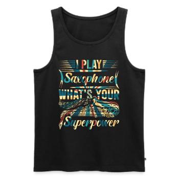 Je joue du saxophone quel est votre superpouvoir - Sax & Mu - Débardeur bio Premium Homme - noir - Devant - Michal (187cm)