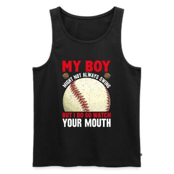 Baseball Mon garçon ne frappe pas toujours, je le fais - Débardeur bio Premium Homme - noir - Devant - AI Model Male 178 light (178cm)