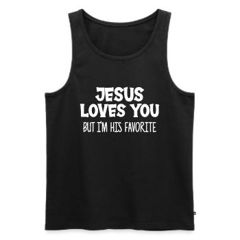 Jésus t’aime mais je suis son drôle préféré - Débardeur bio Premium Homme - noir - Devant - Michal (187cm)