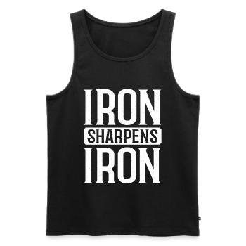 Iron Sharpens Iron Christian Workout Iron - Men's Premium Organic Tank Top - black - Front - AI Model Male 178 light (178cm)