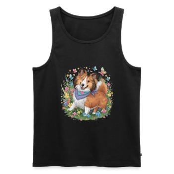 Chien de berger Shetland - Sheltie avec des papillons - Débardeur bio Premium Homme - noir - Devant - Michal (187cm)